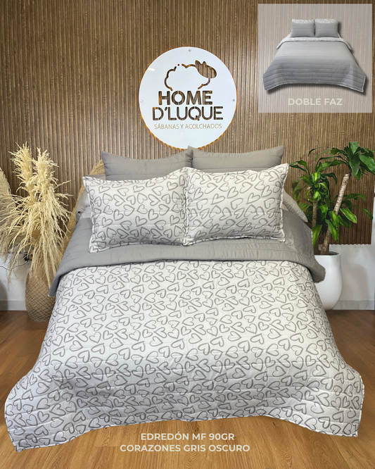 Edredón Doble Faz Corazones Gris