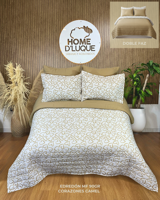 Edredón Doble Faz Corazones Camel